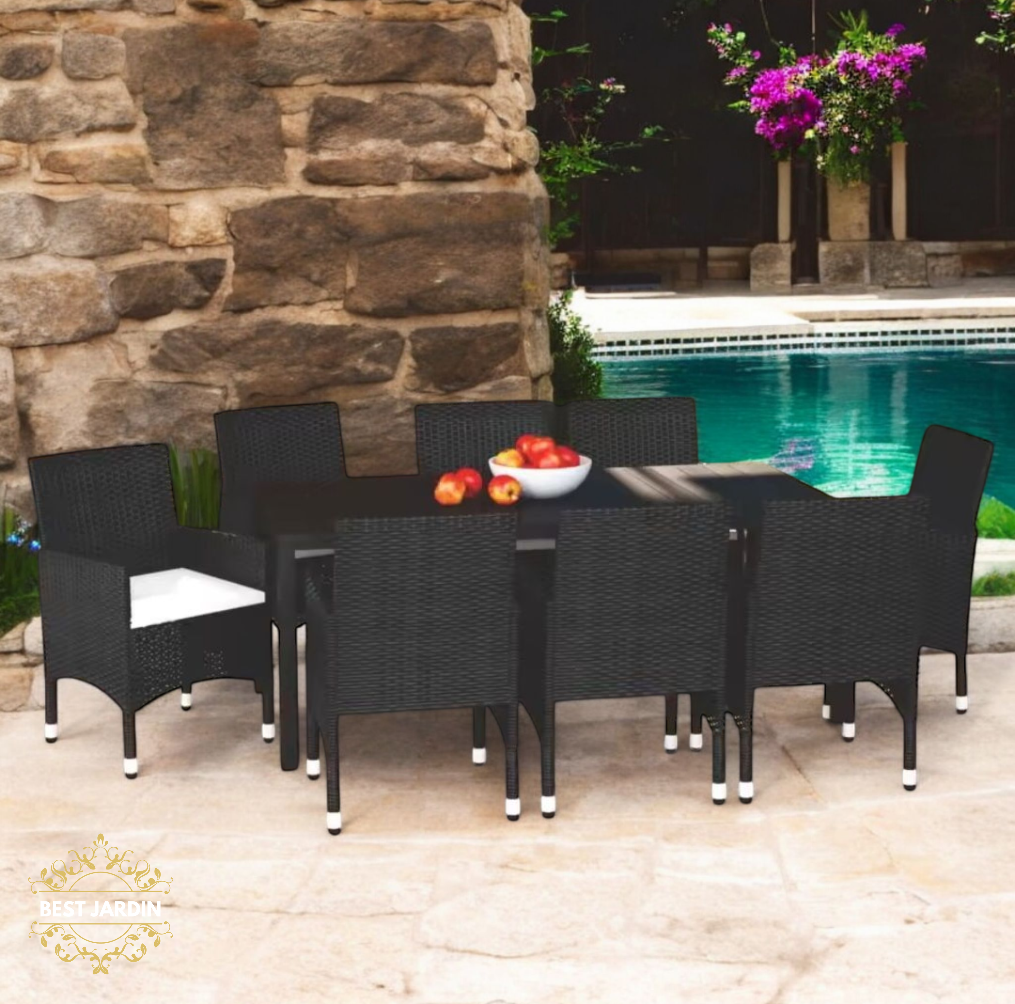 Salon de Jardin Repas CAPRI – 8 places en rotin noir